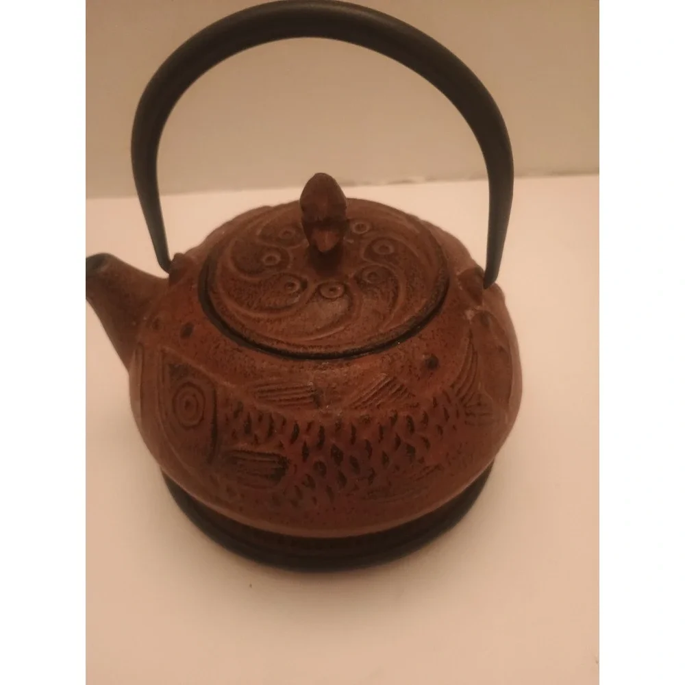 Vintage Antique Teavana Hobnail Brick Red Cast Iron Teapot With Aztec Print...